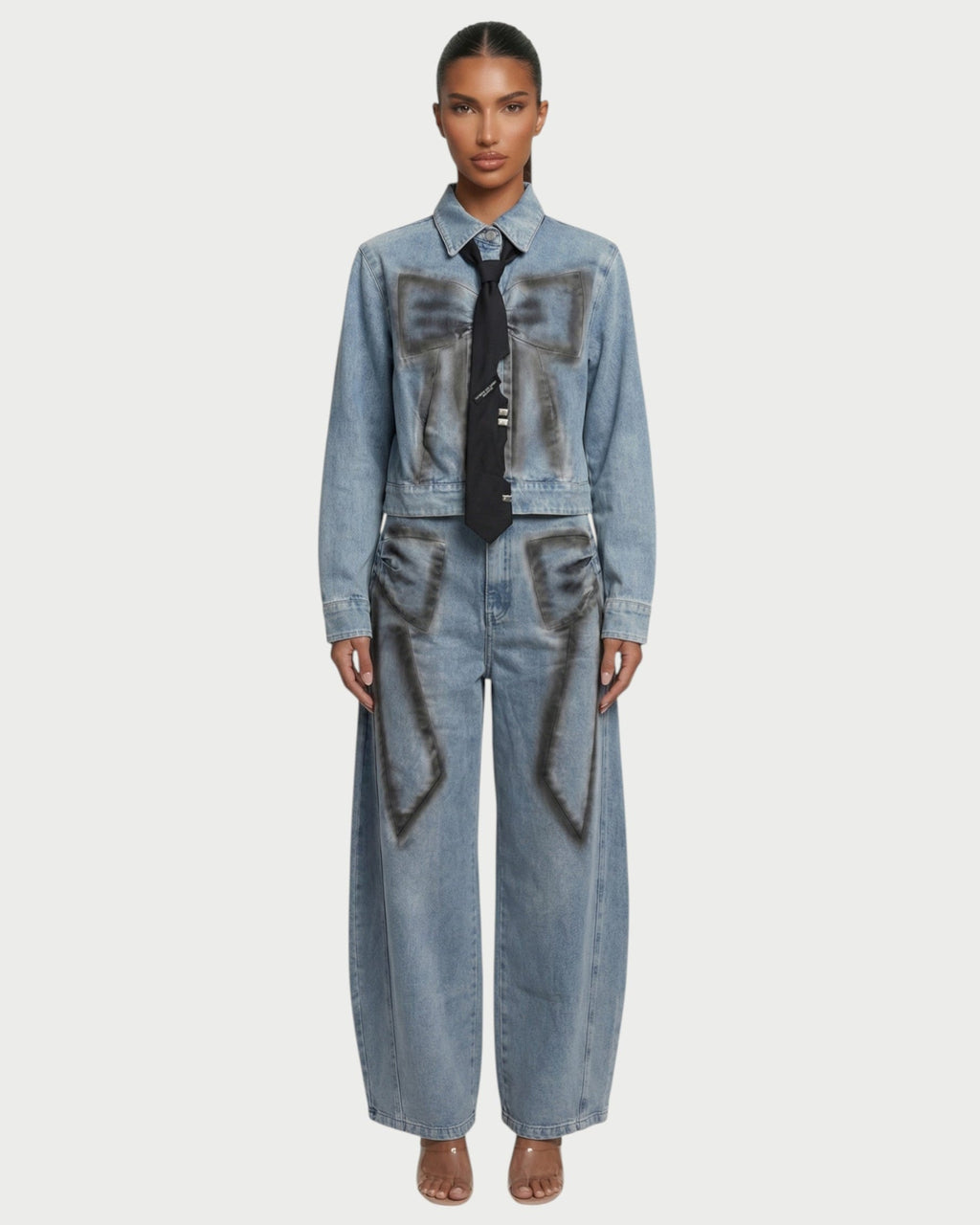 CALLIA Denim Tie Jacket & Wide-Leg Pants Set