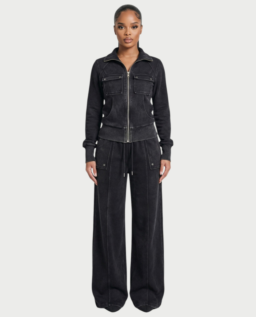 ASHINA Washed Zip-Up Jacket & Wide-Leg Drawstring Pants Set