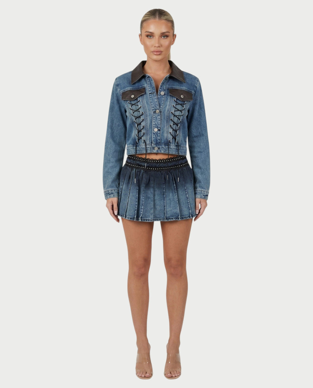 VERYL Lace-Up Denim Jacket & Pleated Mini Skort Set