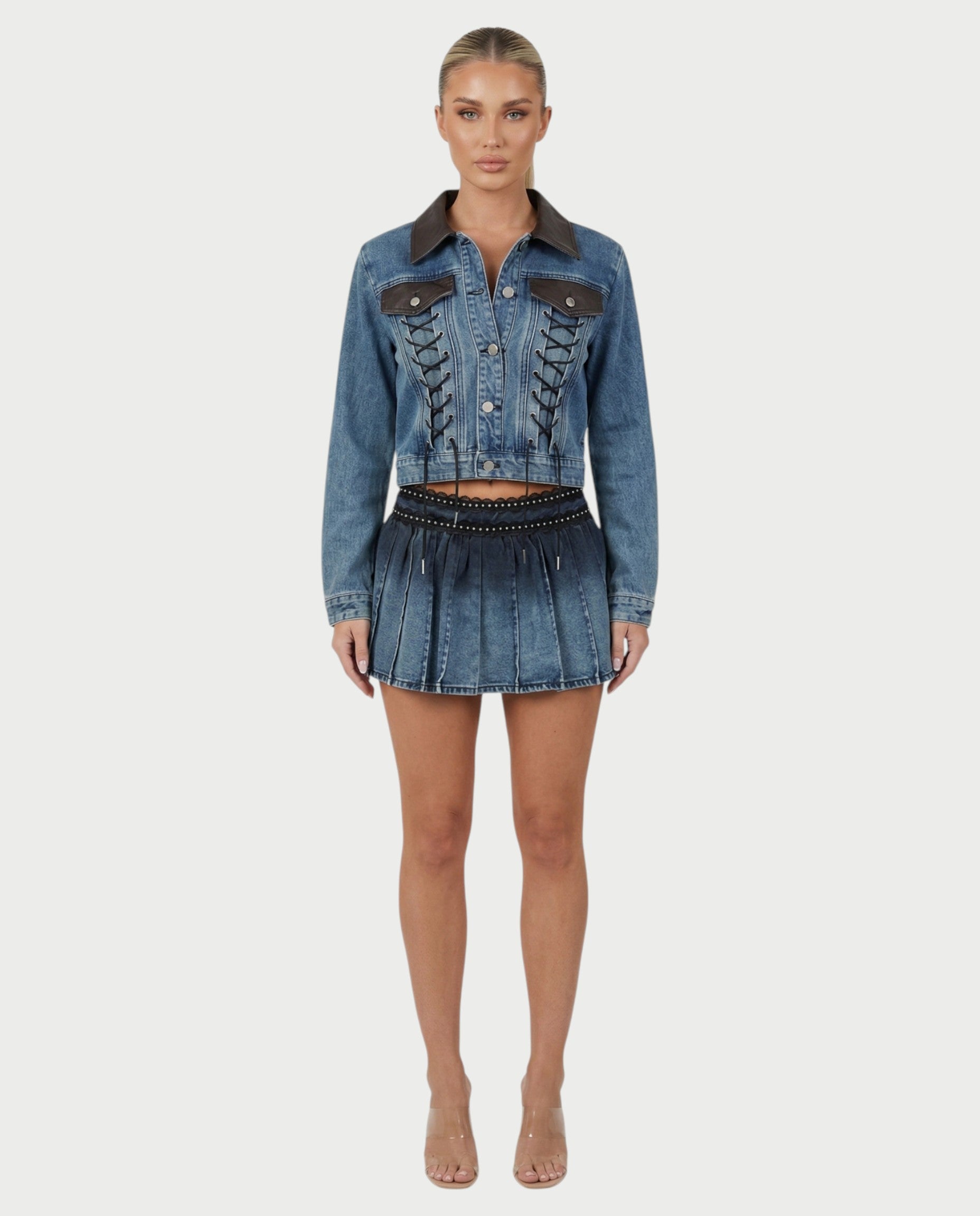 VERYL Lace-Up Denim Jacket & Pleated Mini Skort Set