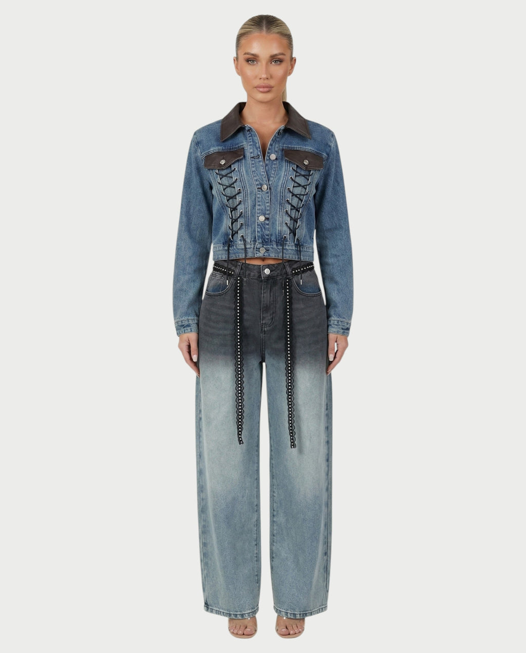 RANIA Lace-Up Denim Jacket & Wide-Leg Pants Set