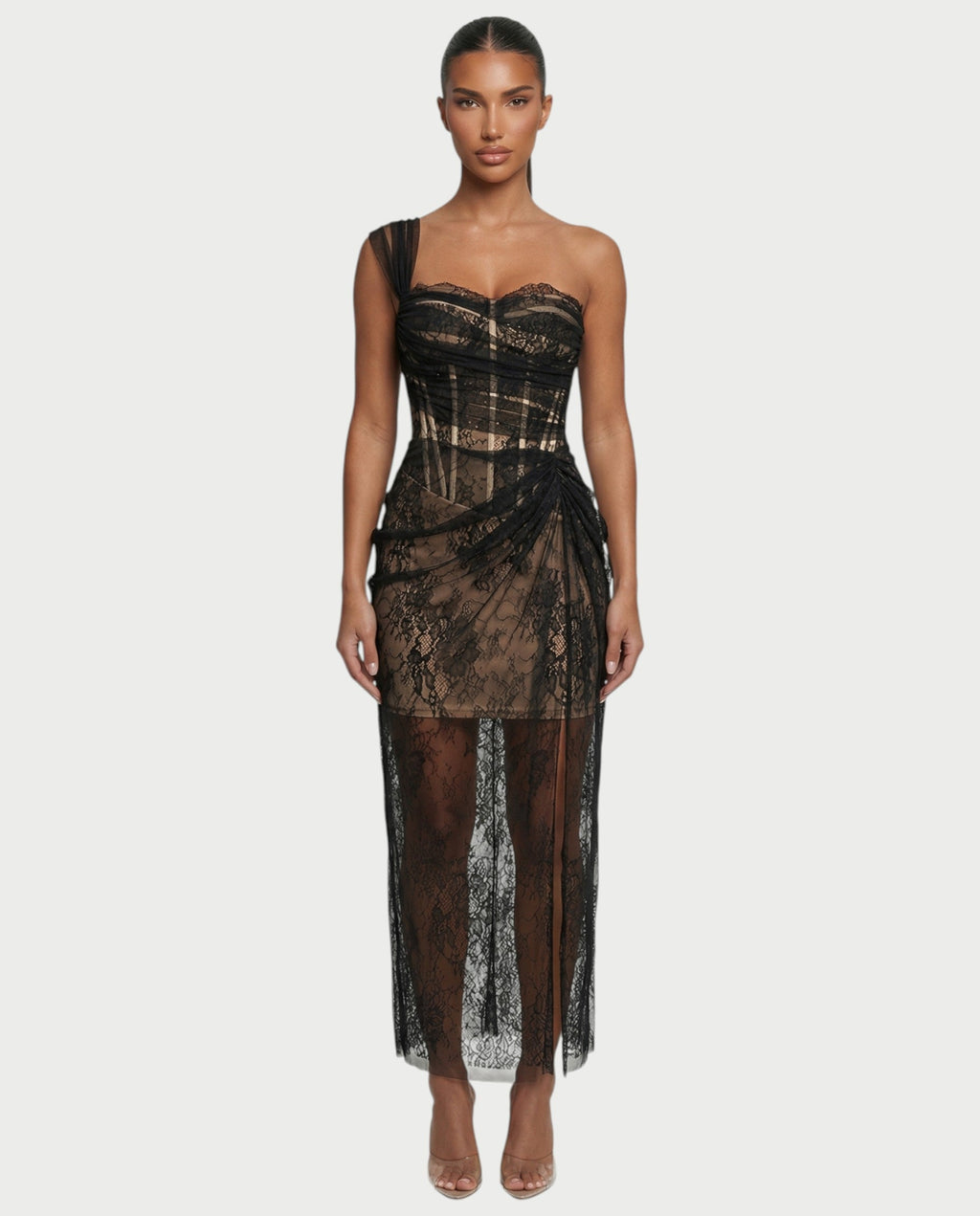 MARIBETH Sheer Lace Corset One-Shoulder Maxi Dress