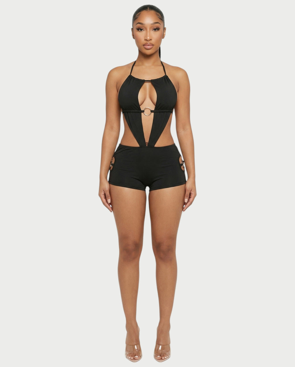 NOELA Cut-Out Ring Halter Bodycon Romper