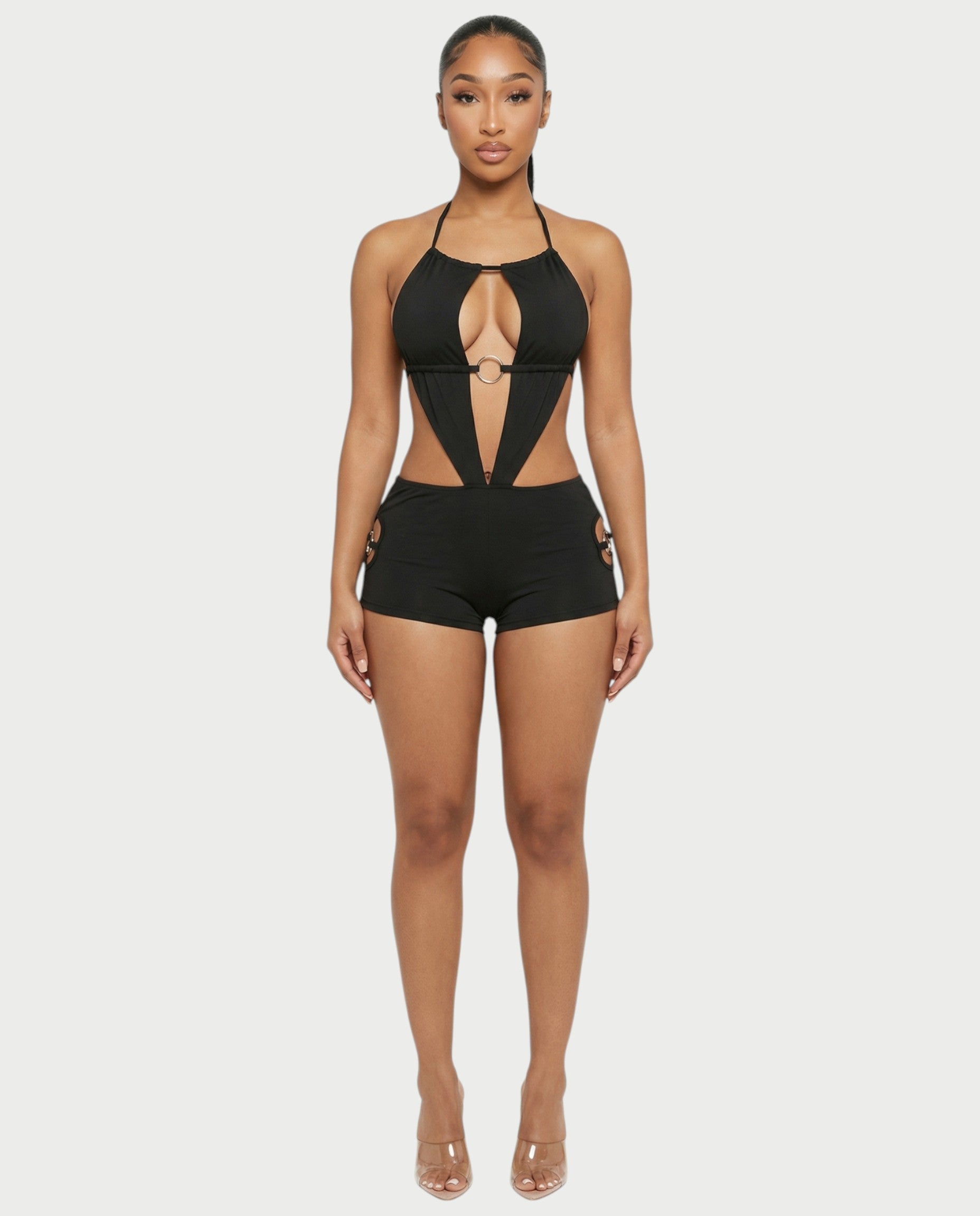 NOELA Cut-Out Ring Halter Bodycon Romper