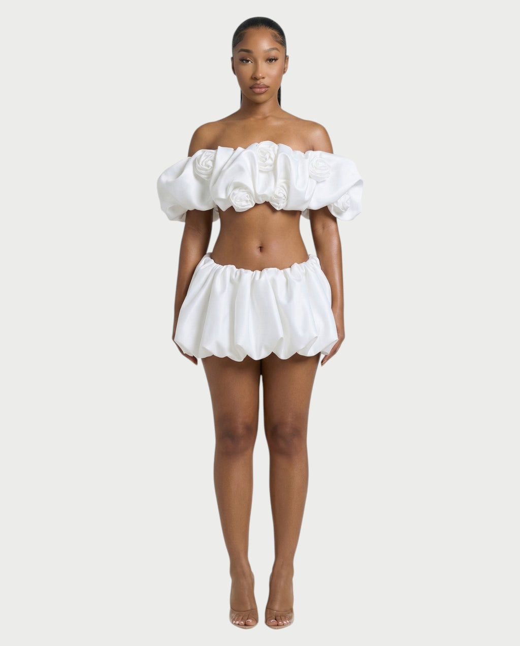 POMILE Rosette Off-Shoulder Top & Bubble Mini Skort Set