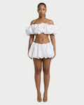 POMILE Rosette Off-Shoulder Top & Bubble Mini Skort Set