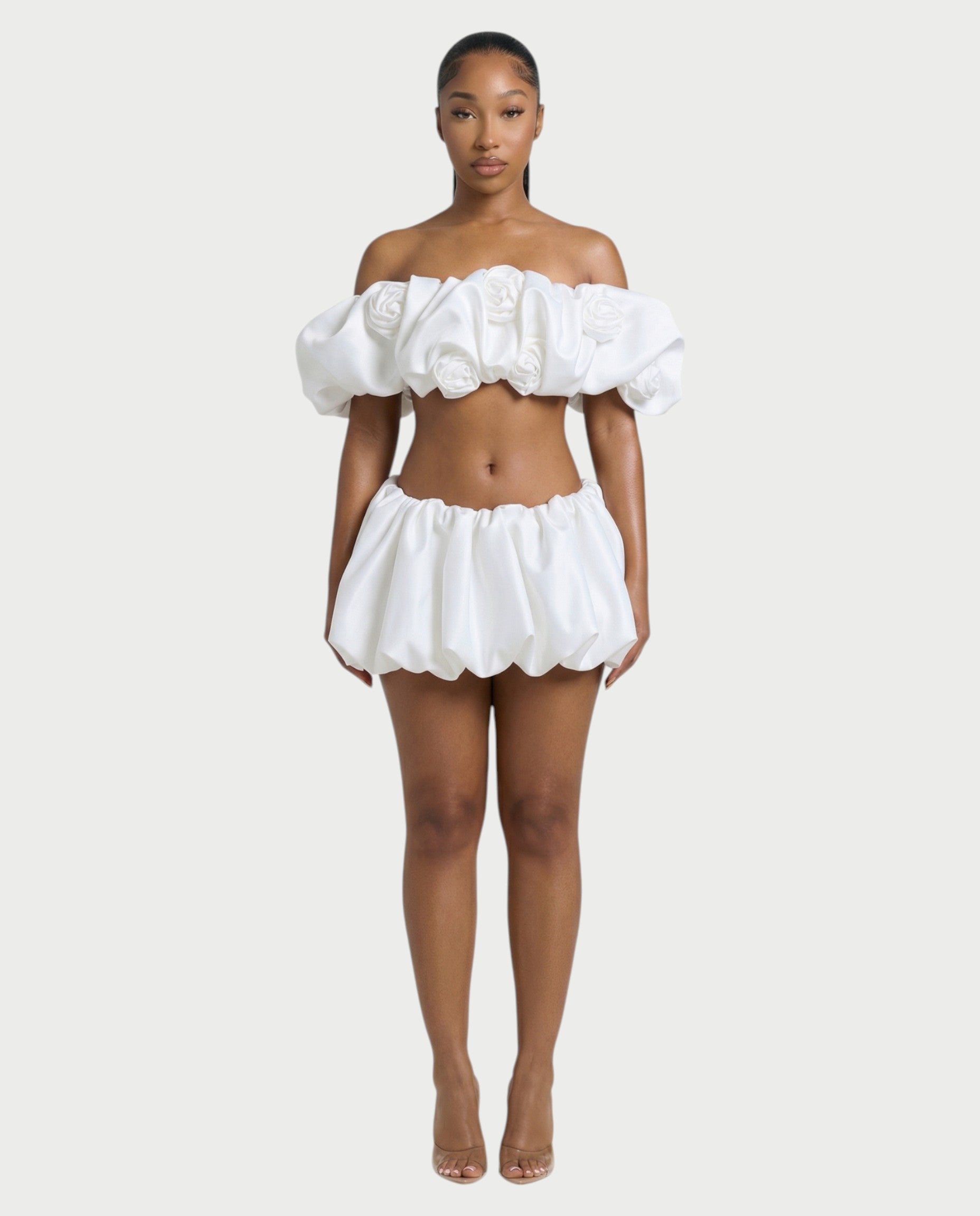POMILE Rosette Off-Shoulder Top & Bubble Mini Skort Set