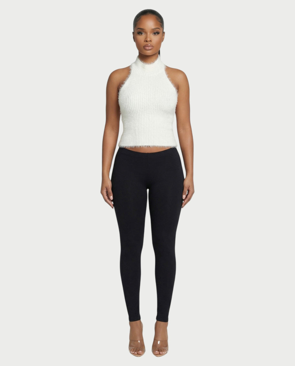 RALYN Fuzzy Ribbed Halter Neck Knit Top