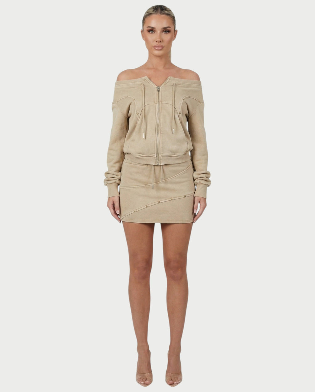 GWENY Retro Long-sleeved Studded Jacket & Skirt Set