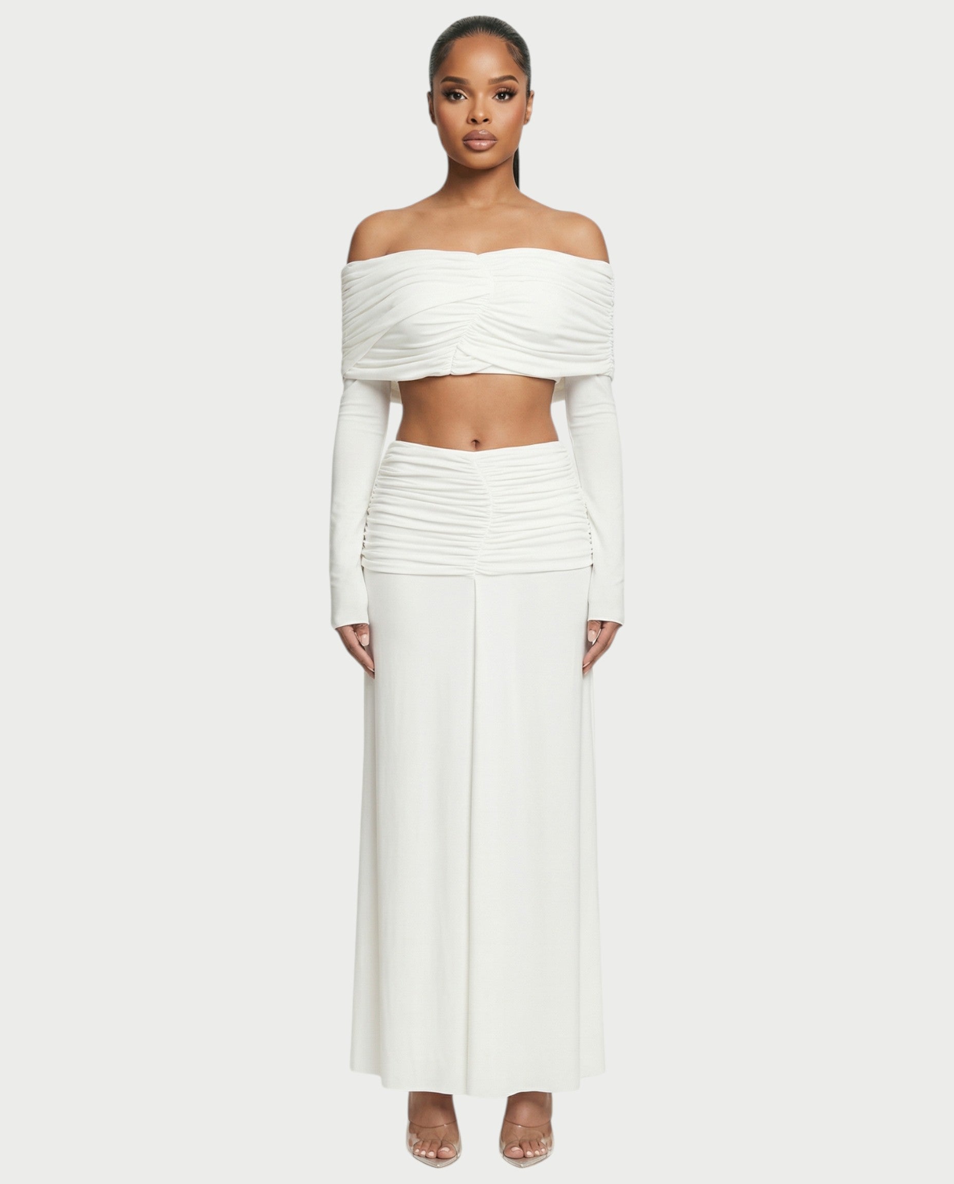 QUENA Off-Shoulder Ruched Crop Top & Maxi Skirt Set