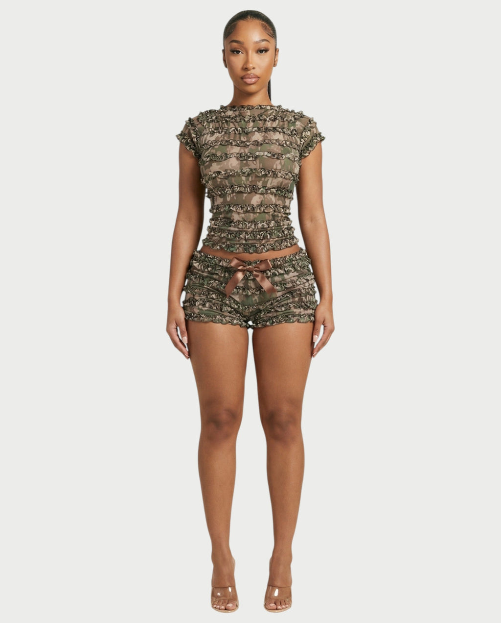 GALENA Ruffle Lace-Up Back Crop Top & Shorts Set
