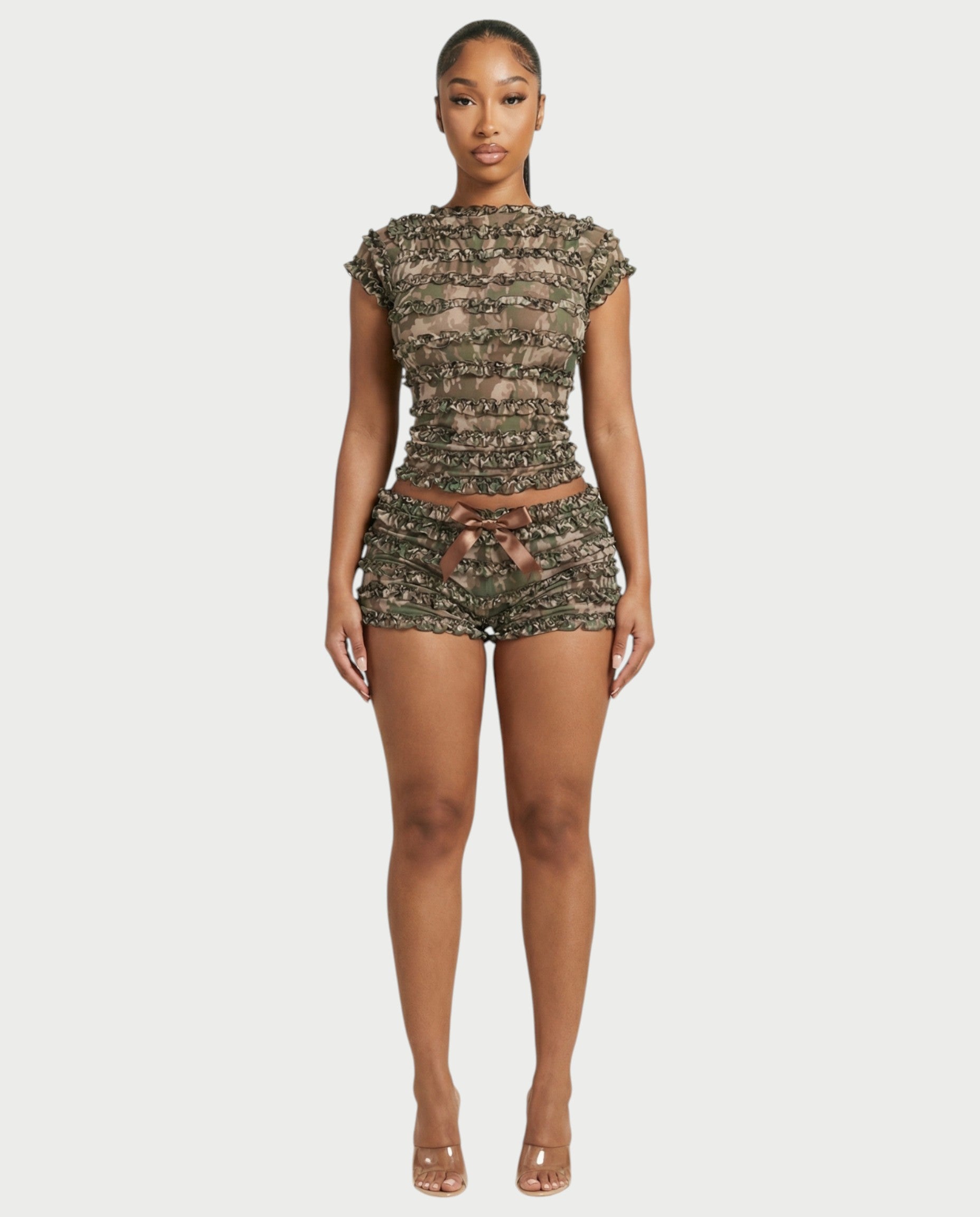 GALENA Ruffle Lace-Up Back Crop Top & Shorts Set