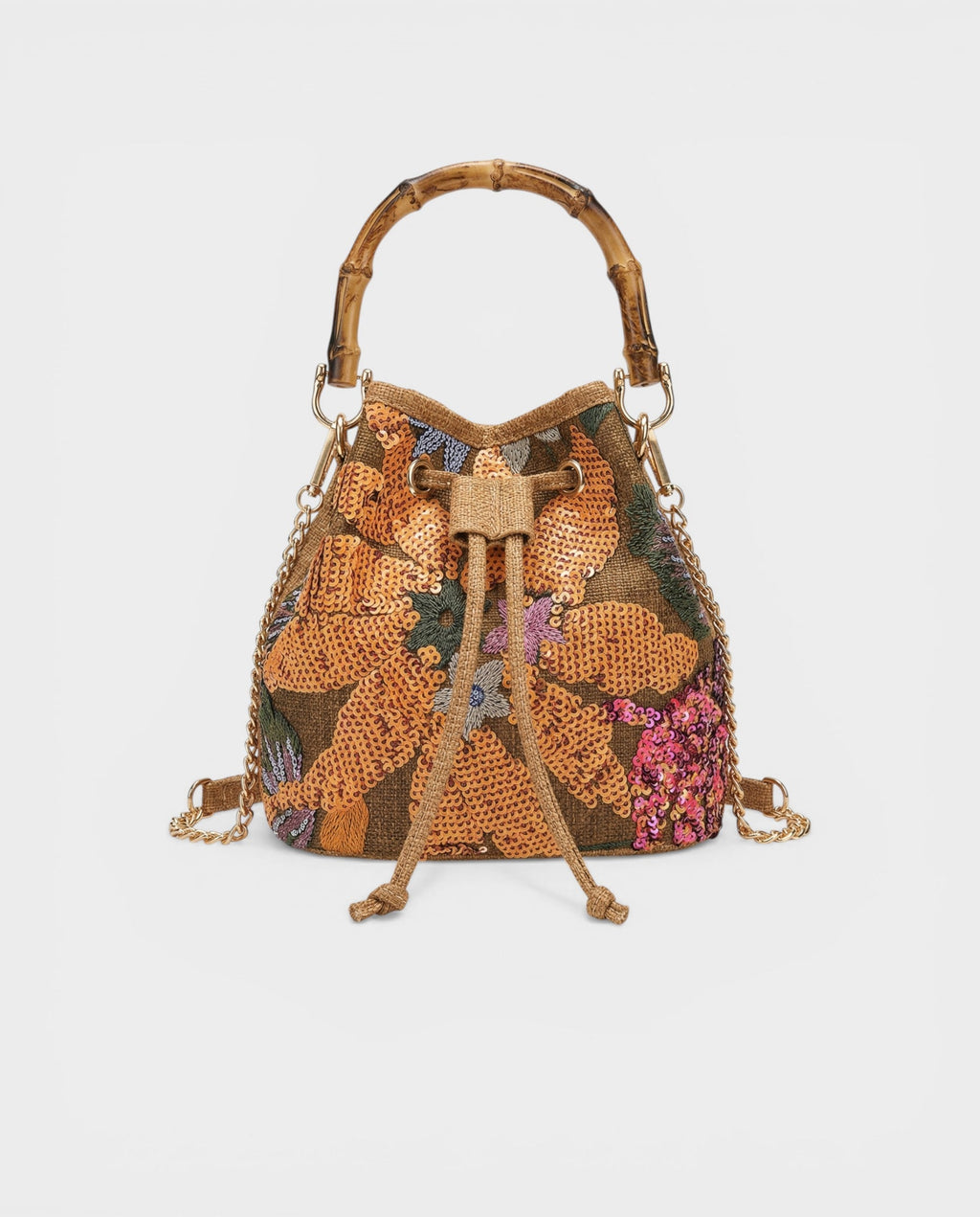 TAURIEL Floral Sequin Bamboo Handle Bucket Bag