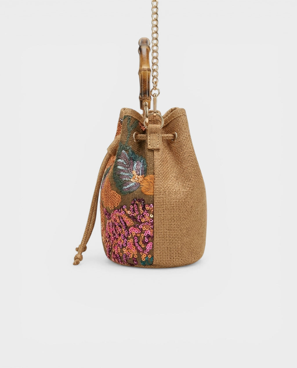 TAURIEL Floral Sequin Bamboo Handle Bucket Bag