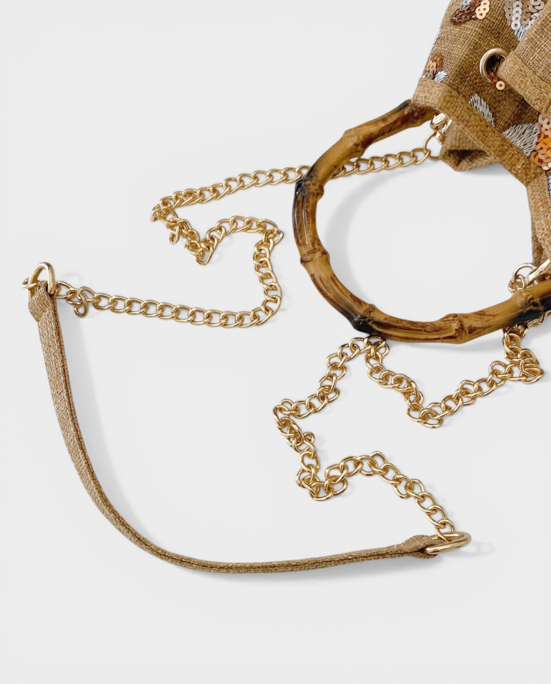TAURIEL Floral Sequin Bamboo Handle Bucket Bag