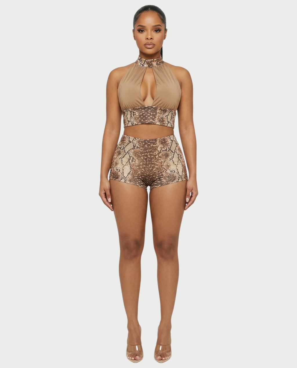 EMINA Snake Print Crop Top & High-Waisted Shorts Set