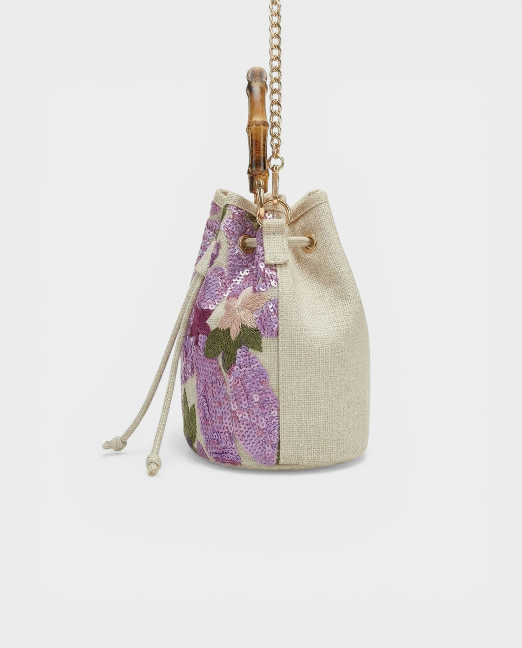 ZERINA Lavender Floral Sequin Bamboo Handle Bucket Bag