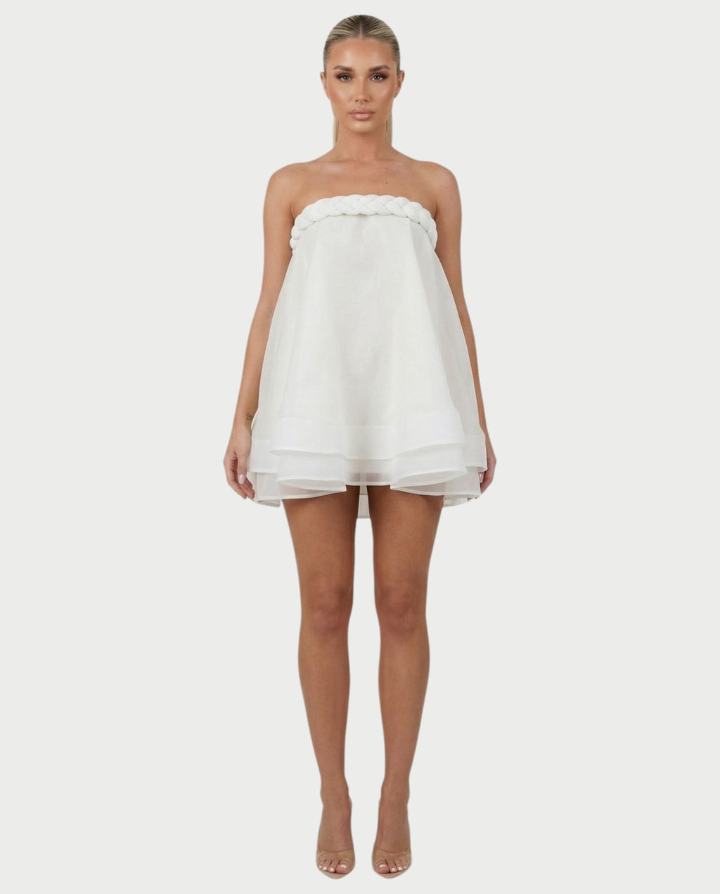 KELSA Strapless Braided Trim Bubble Hem Mini Dress