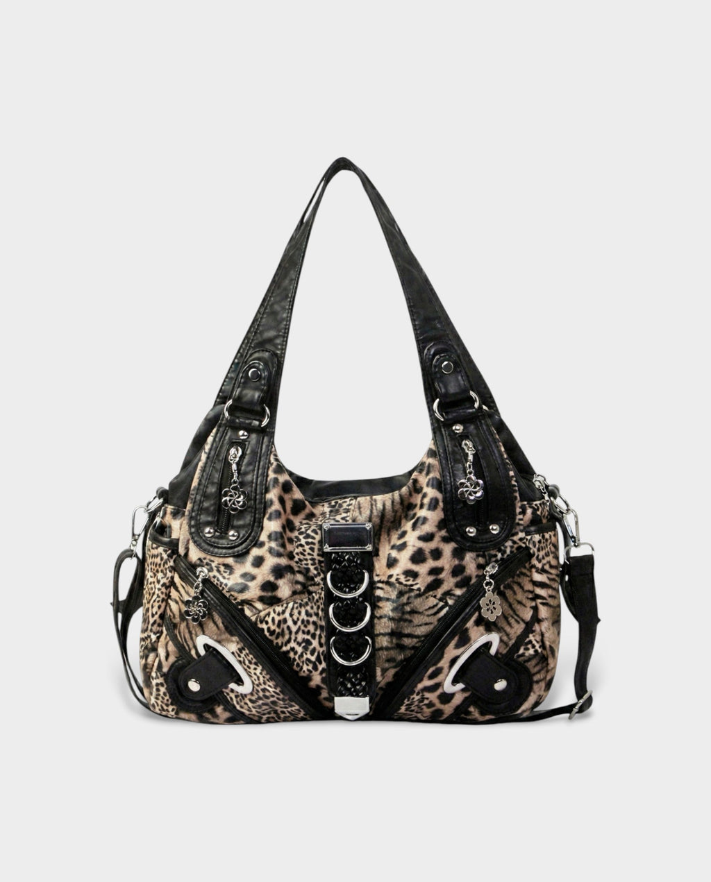 MELIA Multi-Pocket Faux Leather Leopard Handbag