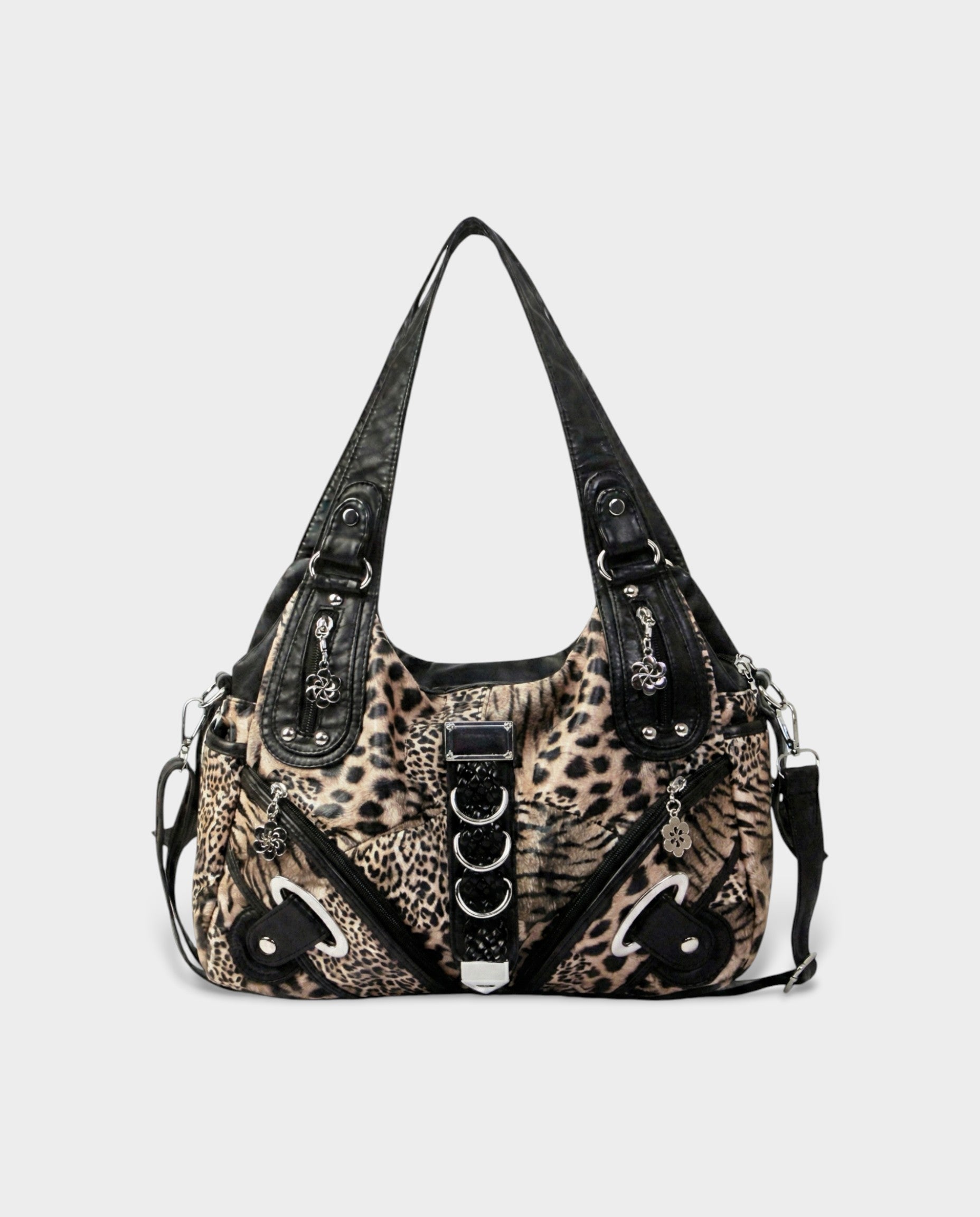 MELIA Multi-Pocket Faux Leather Leopard Handbag