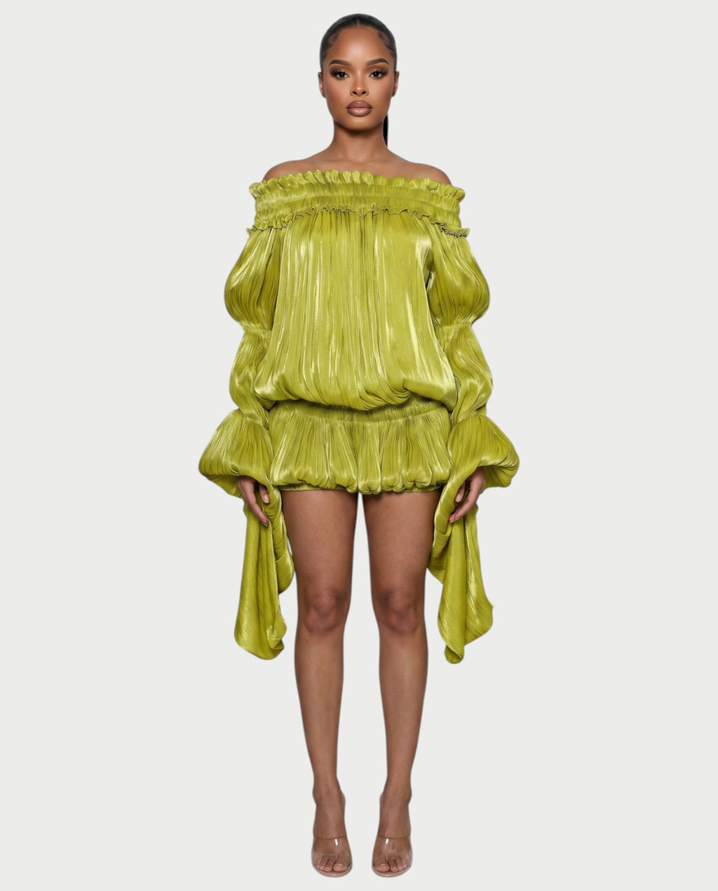 MORYA Off-Shoulder Ruffle Sheer Sleeve Mini Dress