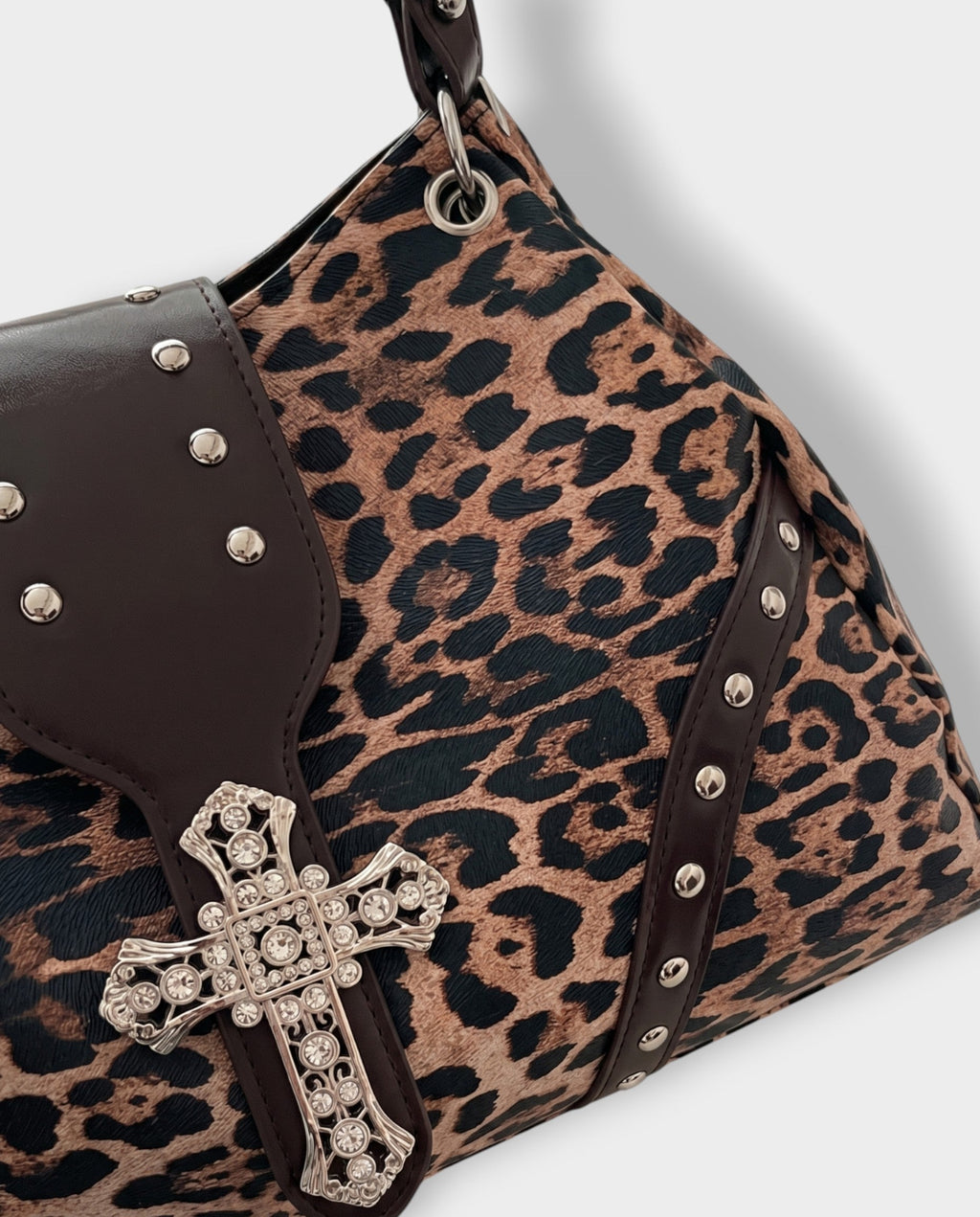 SENIA Leopard Rhinestone Cross Detail Handbag
