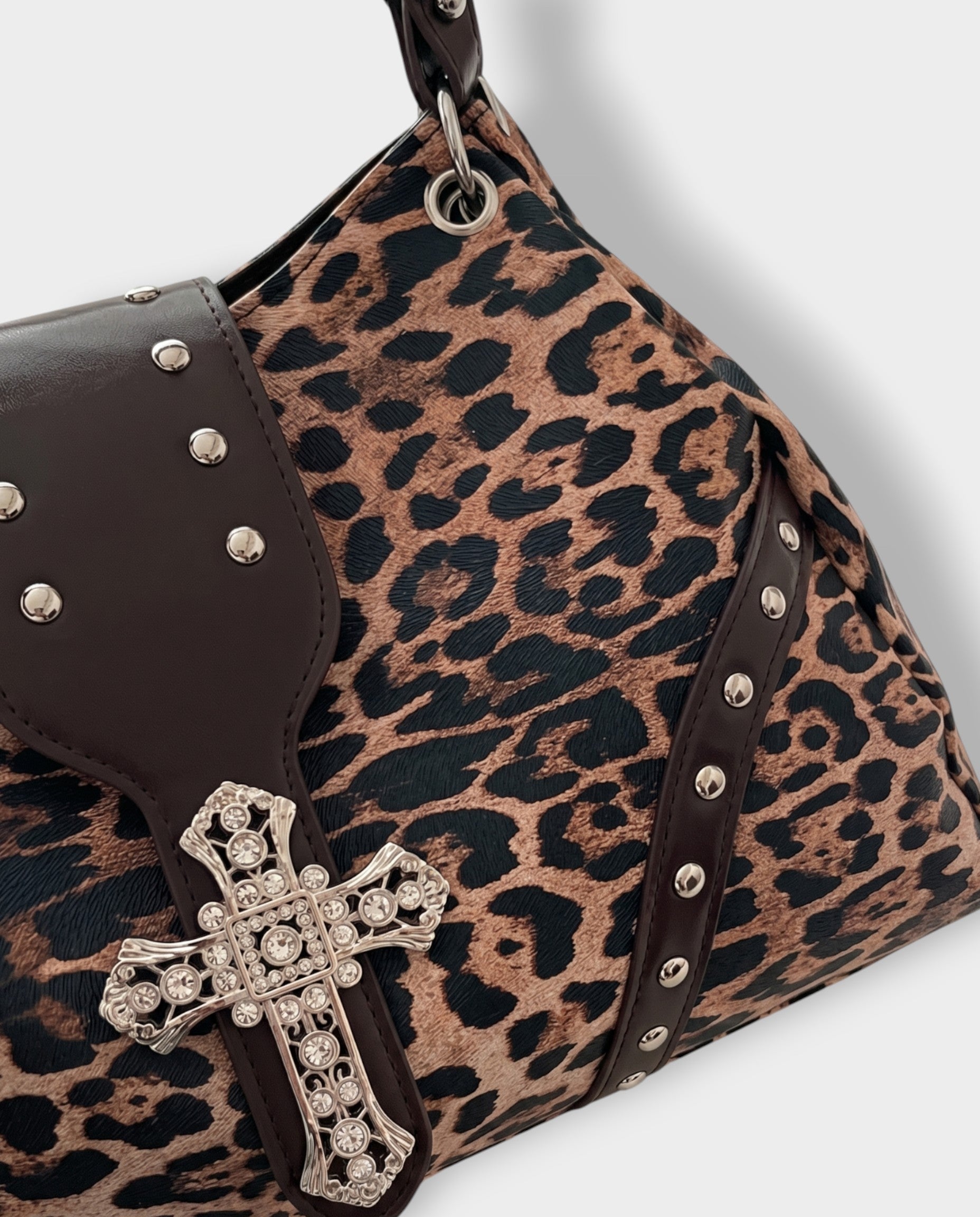 SENIA Leopard Rhinestone Cross Detail Handbag