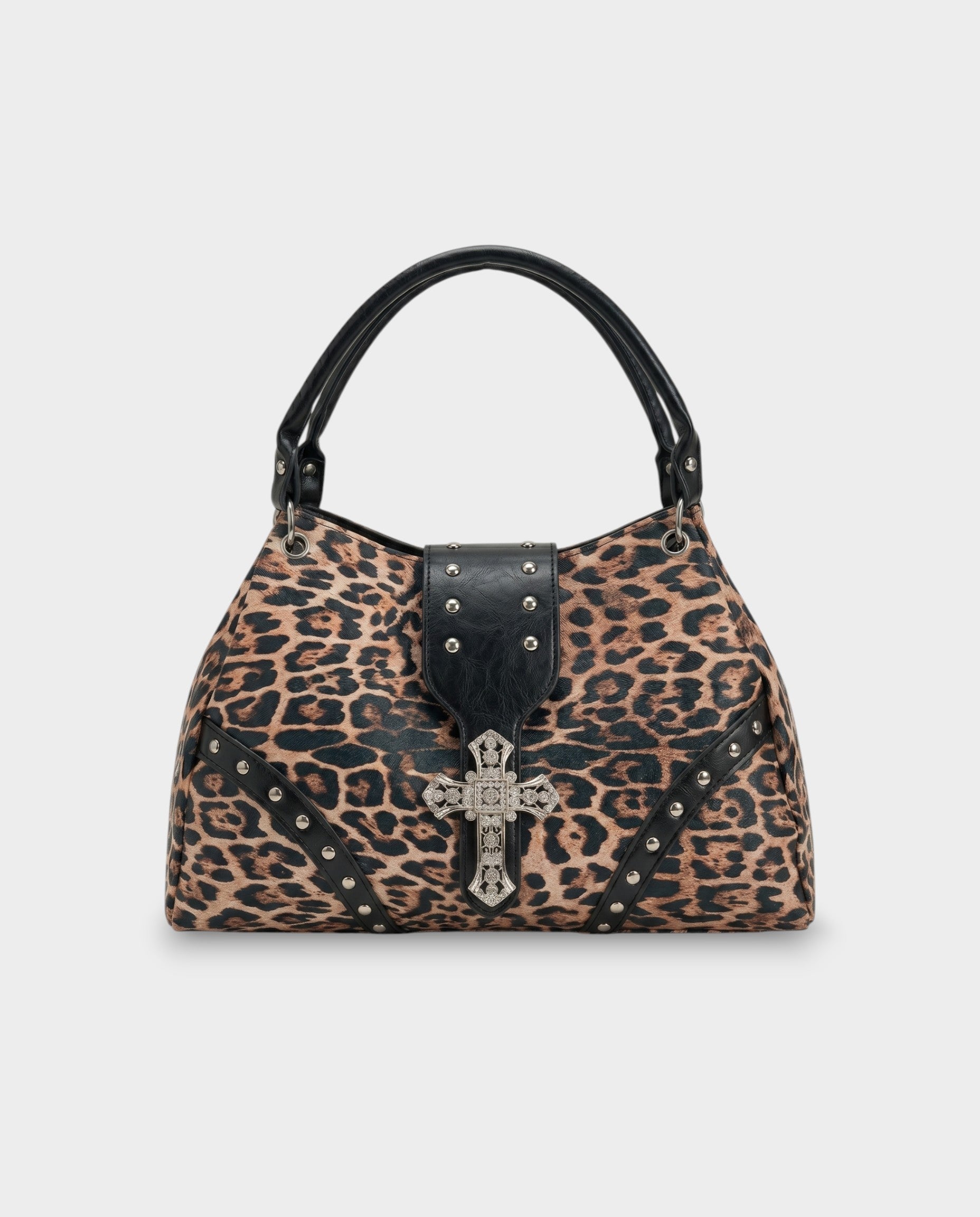 SENIA Leopard Rhinestone Cross Detail Handbag