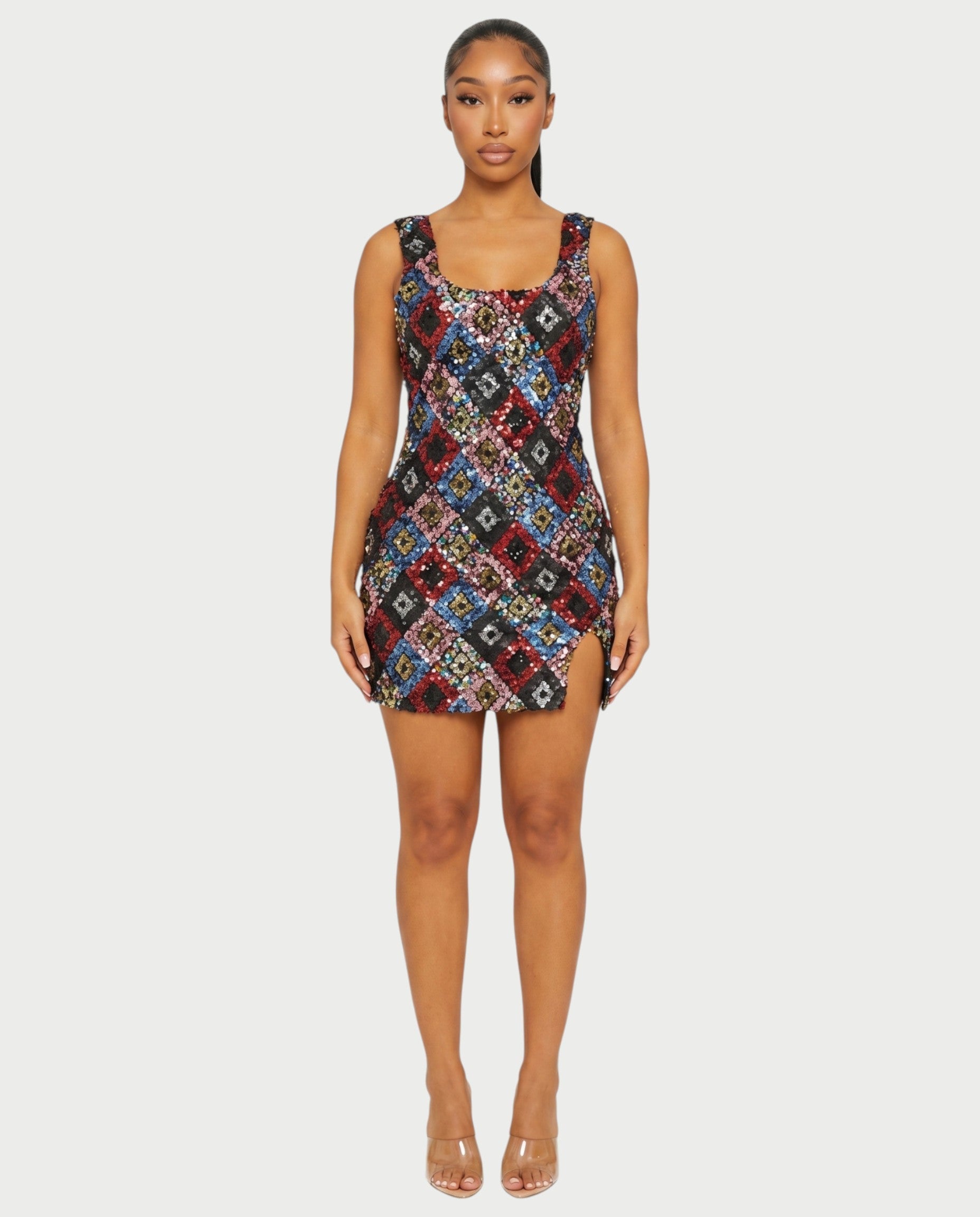 LAVINA Dark blue Sequin Diamond Bodycon Mini Dress