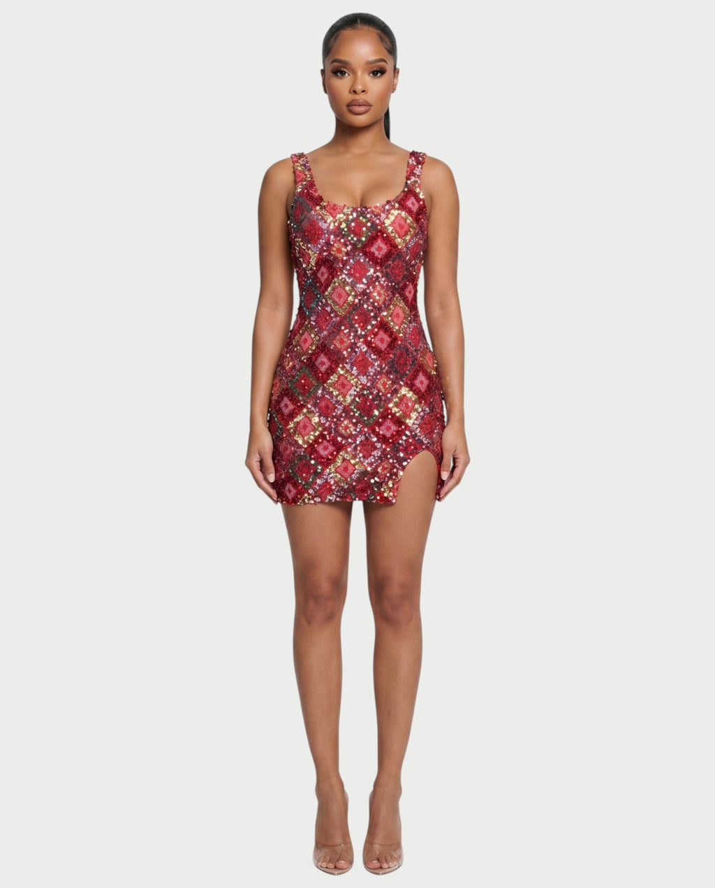 ALFIRA Red Sequin Diamond Bodycon Mini Dress