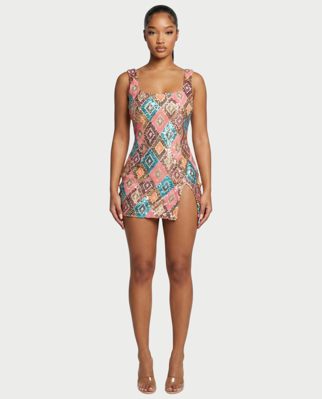 ALMIYA Pink Sequin Diamond Bodycon Mini Dress