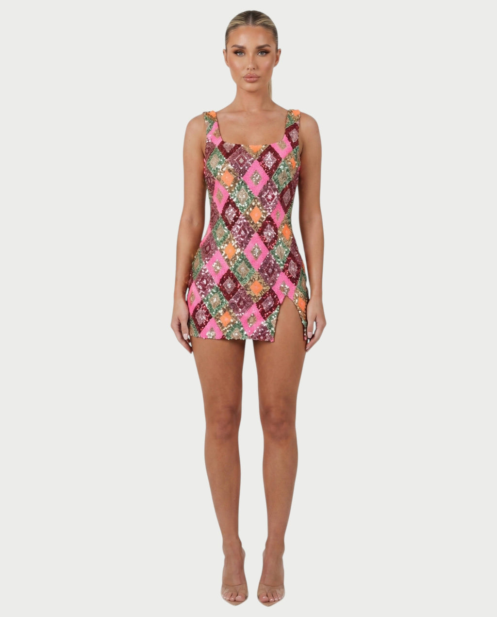 SAKIRA Pink Green Sequin Diamond Bodycon Mini Dress