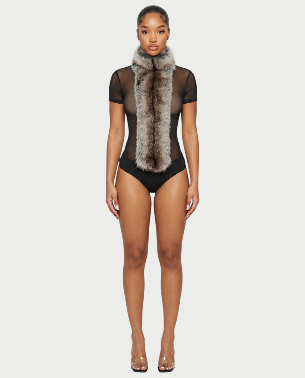 BECCA Sheer Mesh Fur Trim Bodysuit