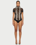 BECCA Sheer Mesh Fur Trim Bodysuit