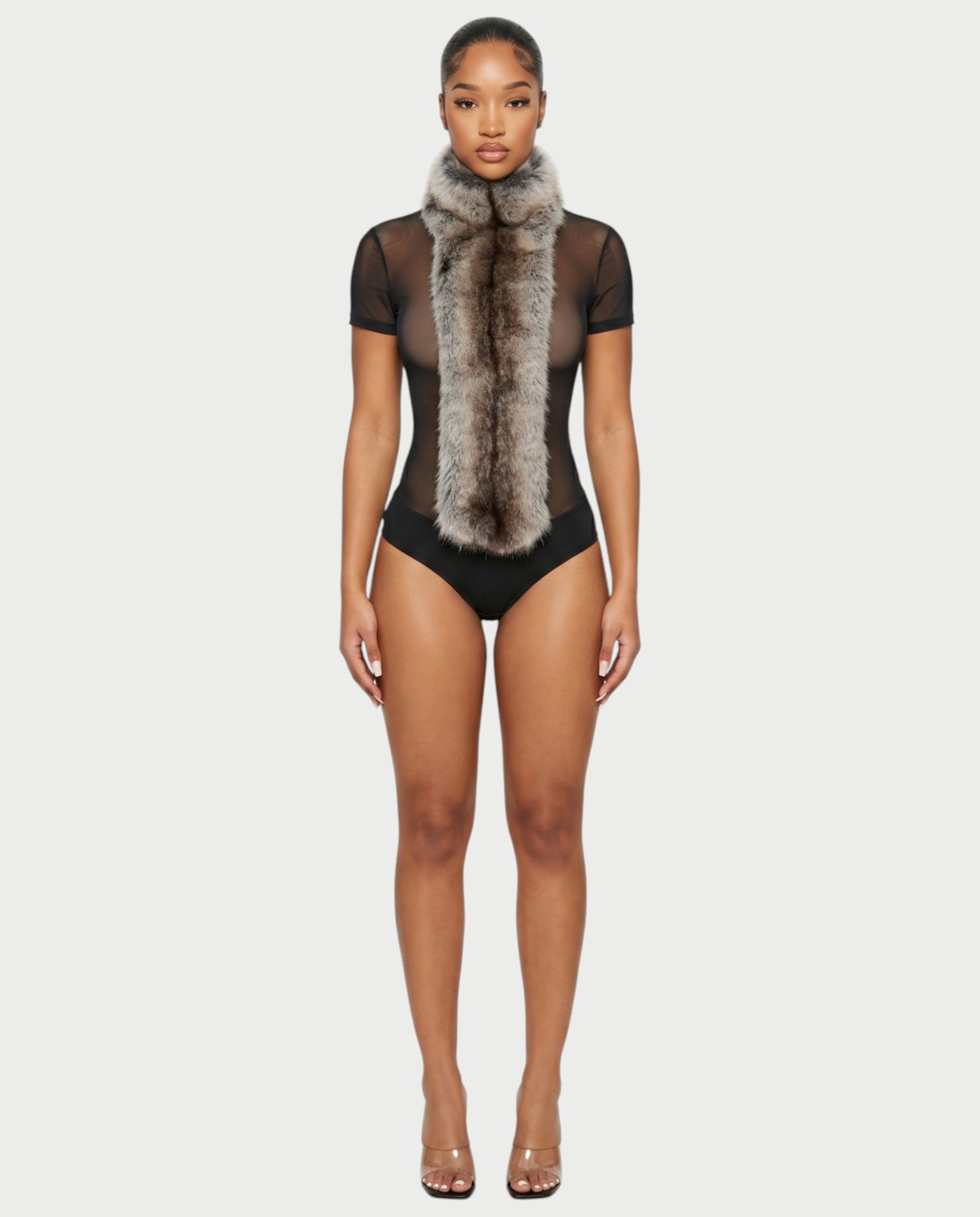 BECCA Sheer Mesh Fur Trim Bodysuit