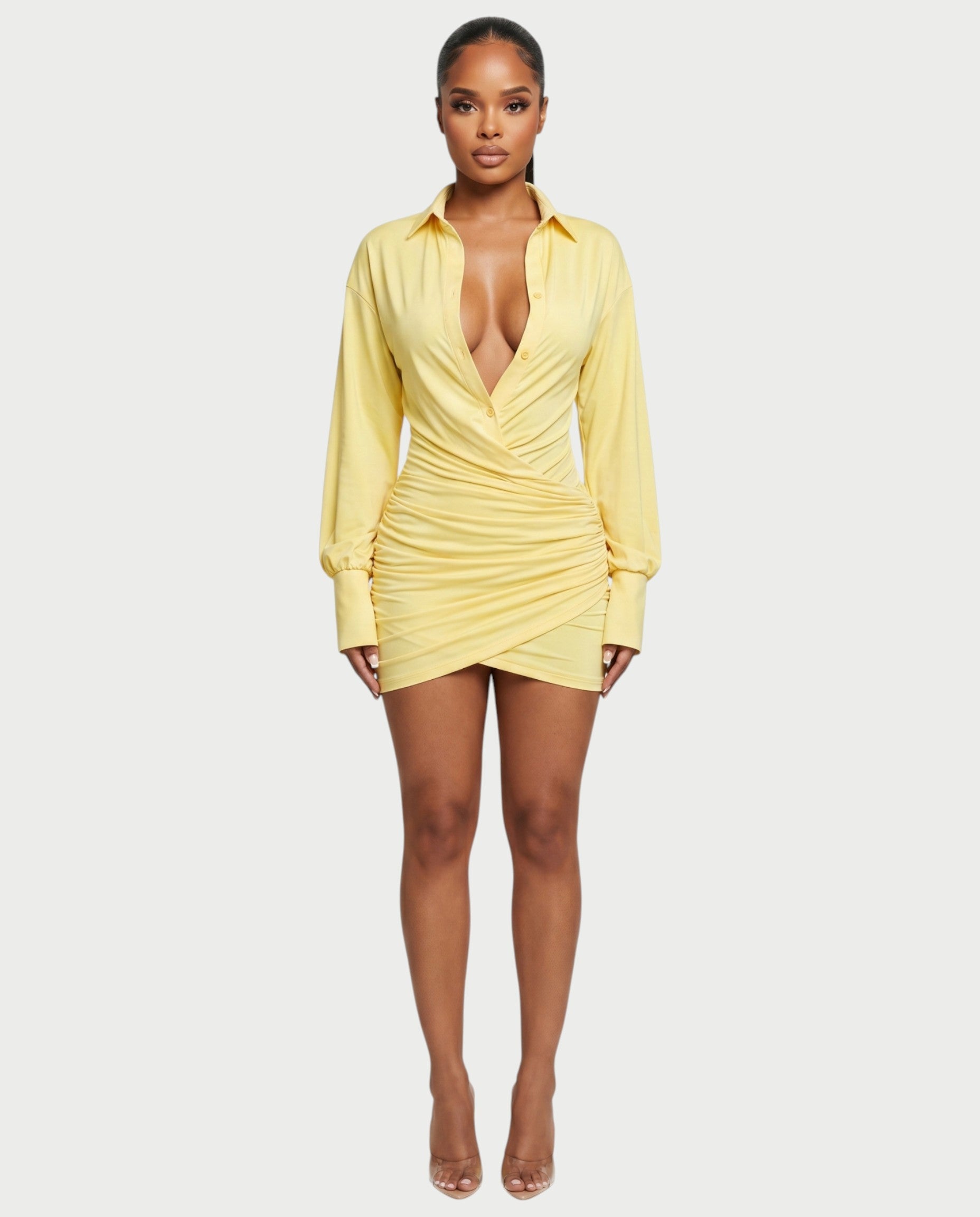 ALMINA Ruched Wrap Shirt Bodycon Mini Dress