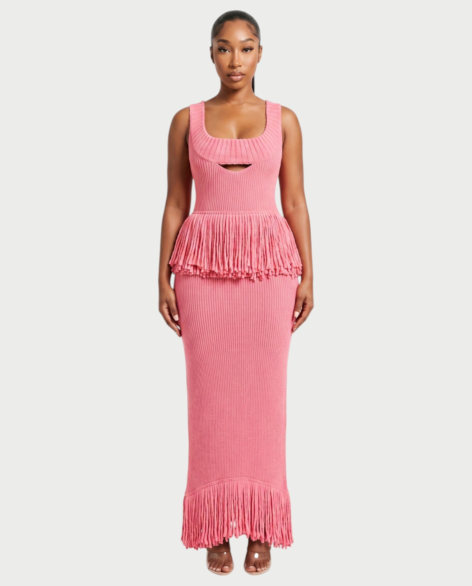 LENYA Ribbed Knit Peplum Fringe Maxi Dress