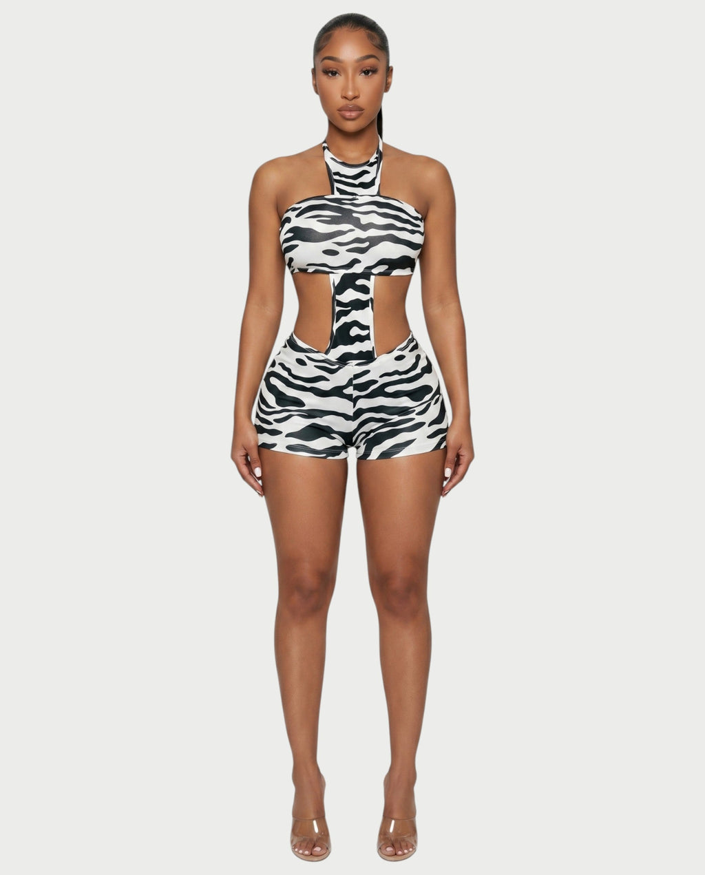 VALINA Zebra Print Halter Cutout Romper