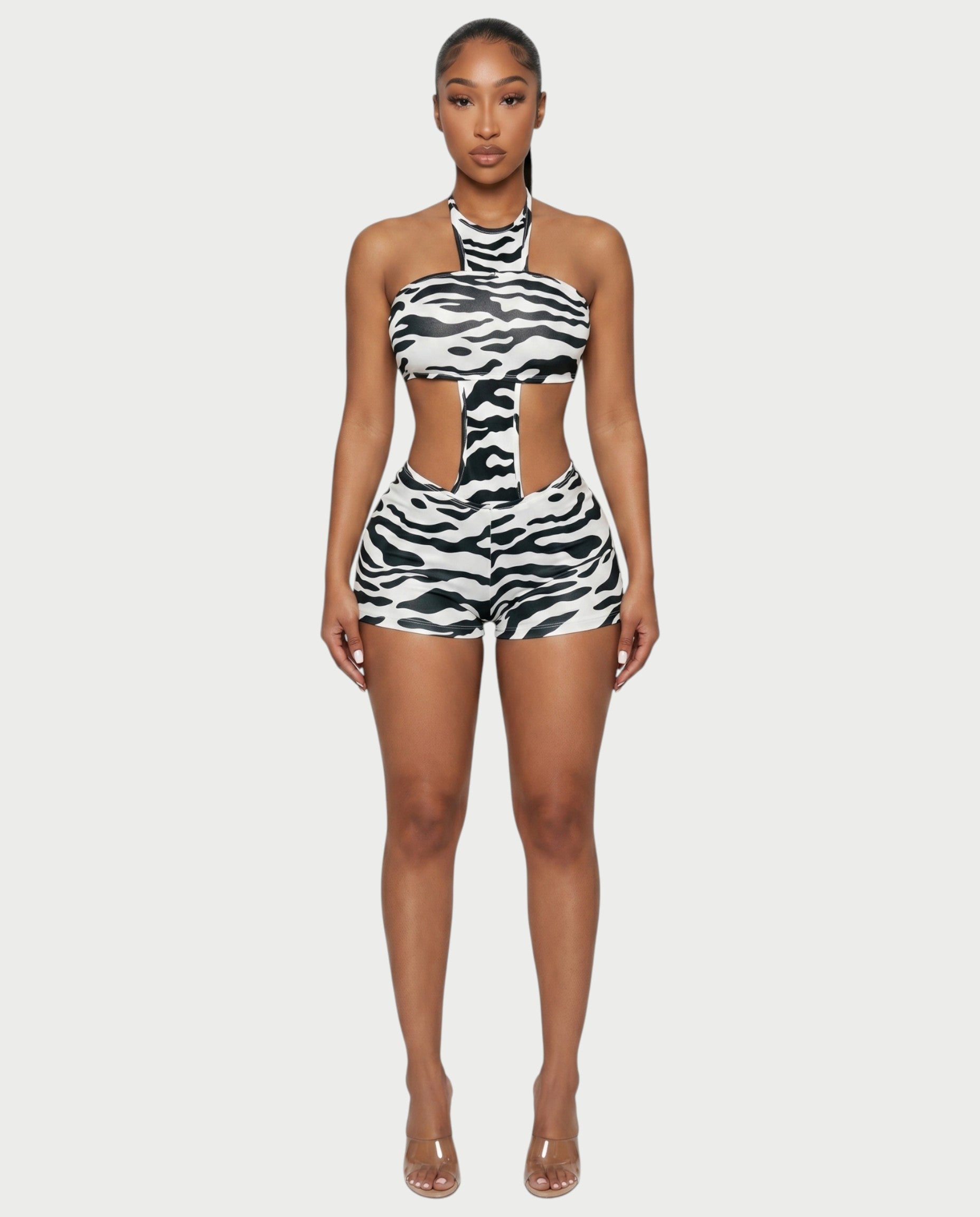 VALINA Zebra Print Halter Cutout Romper
