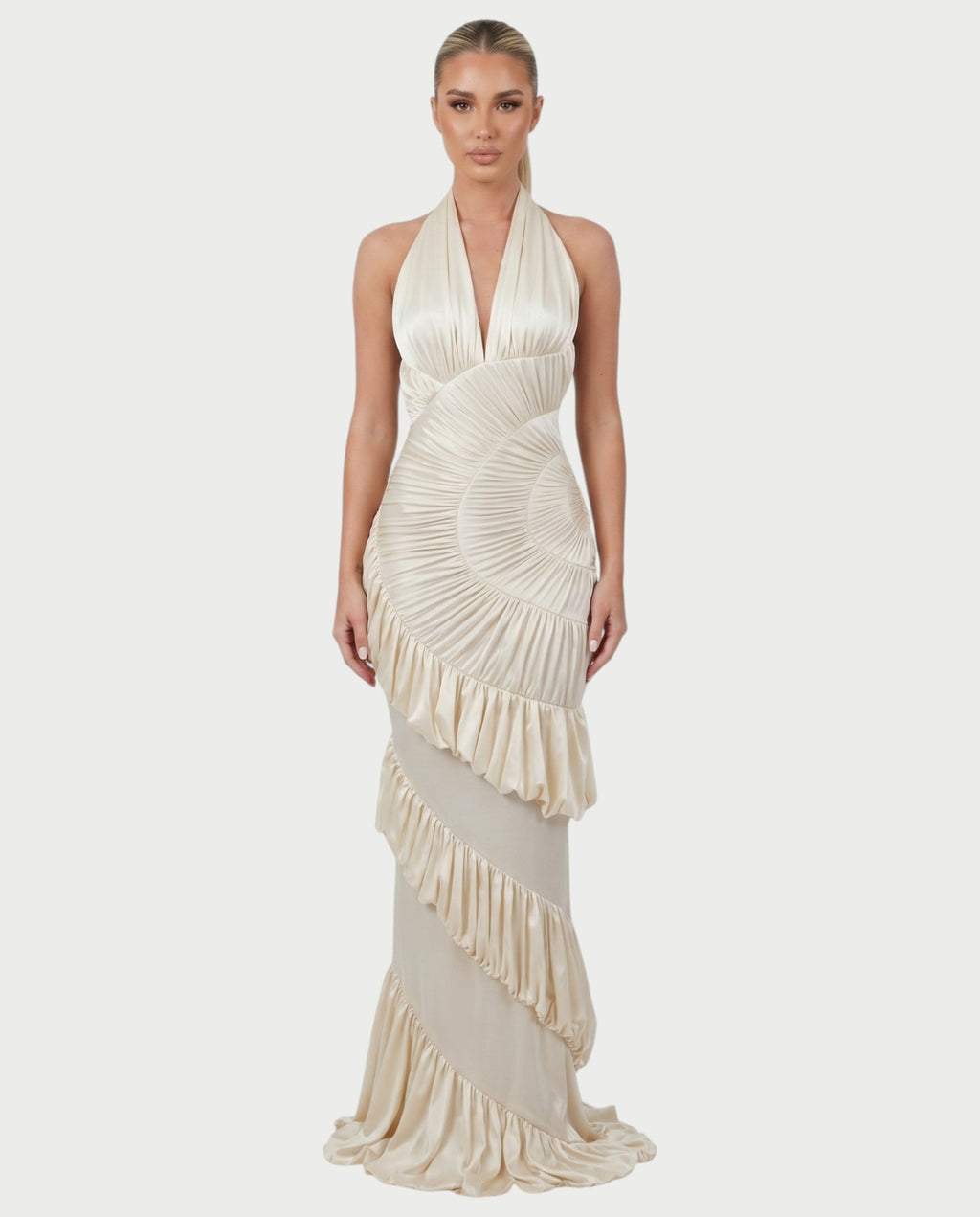 DALEYA Champagne Draped Pleated Ruffle Maxi Dress