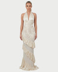 DALEYA Champagne Draped Pleated Ruffle Maxi Dress