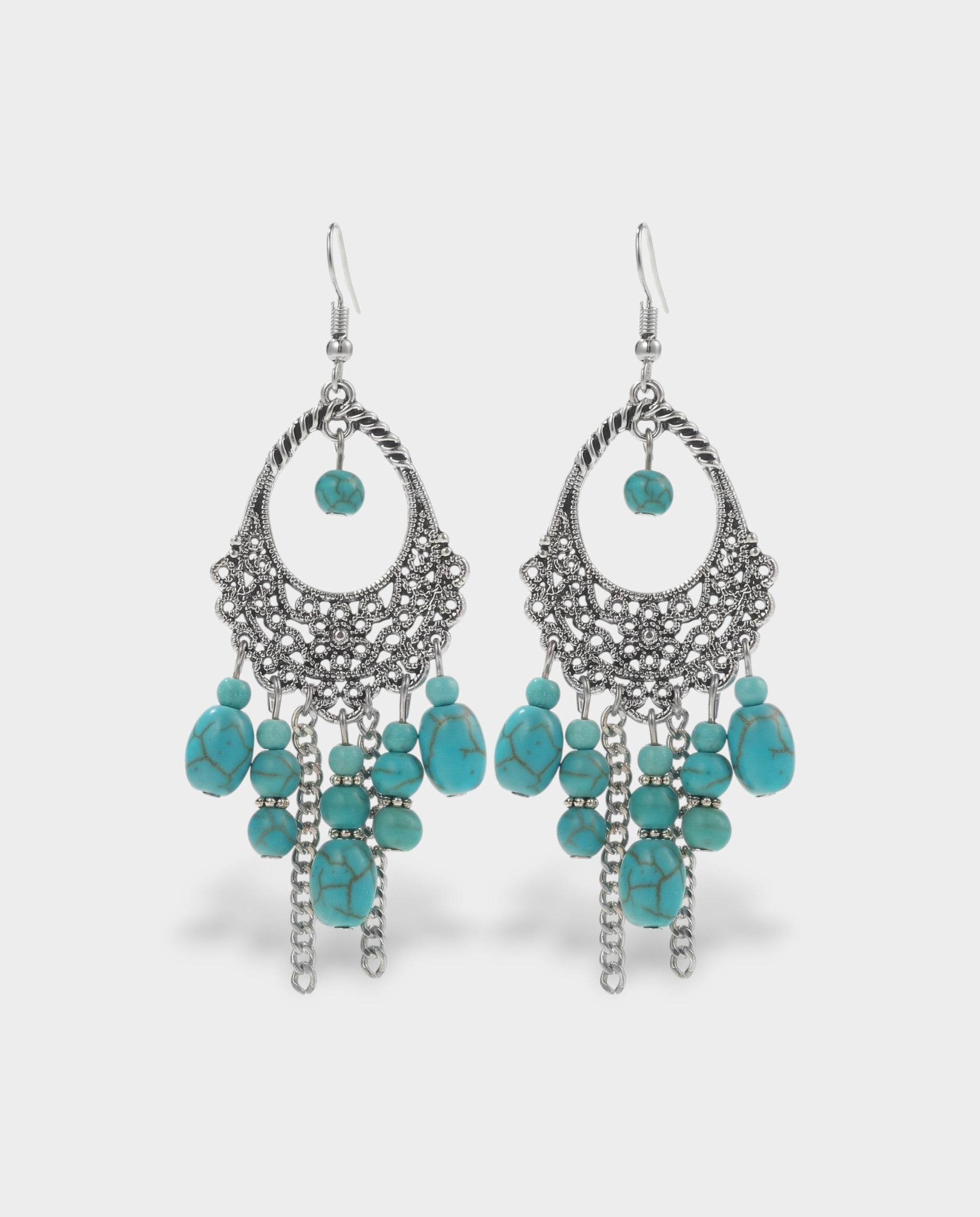 Turquoise Beaded Filigree Chandelier Earrings
