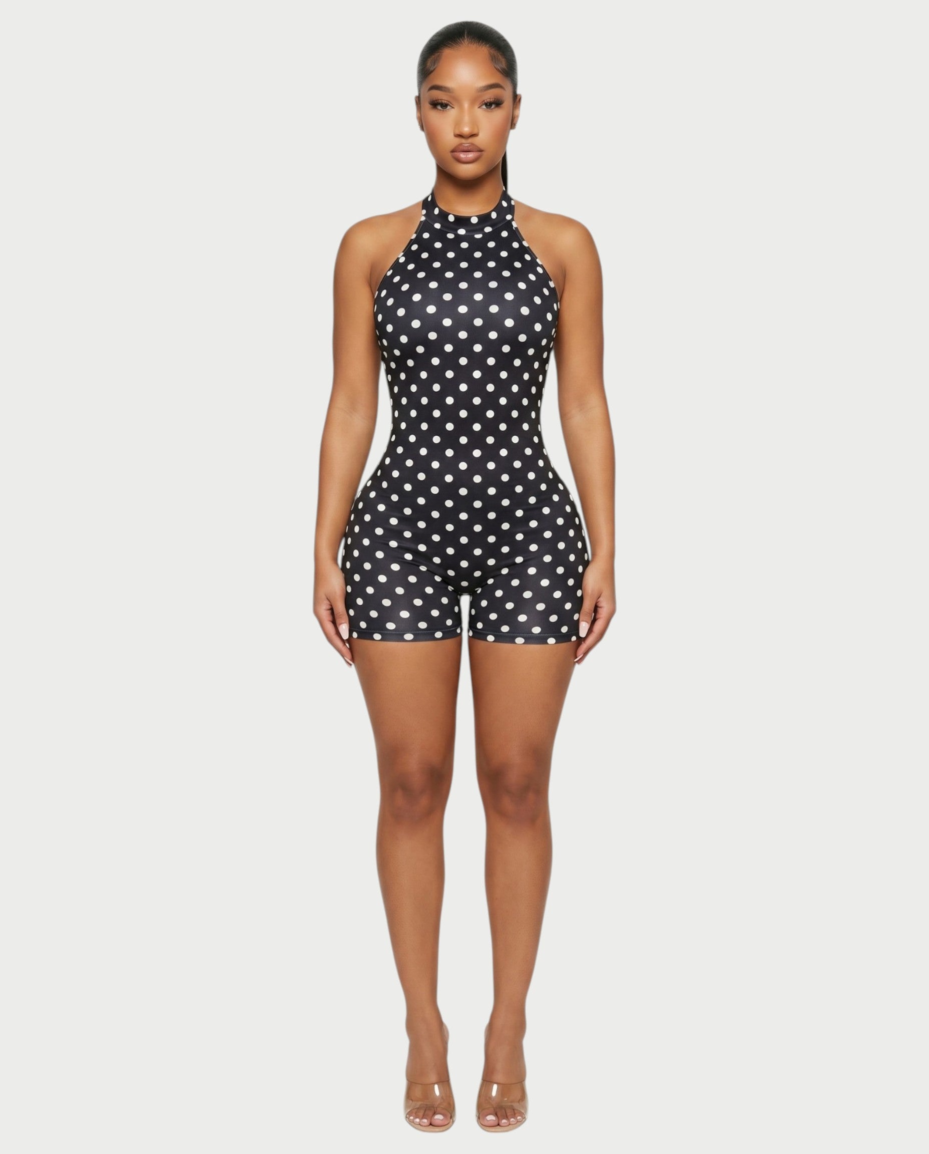 AMILA Polka Dot Open-Back Bodycon Romper