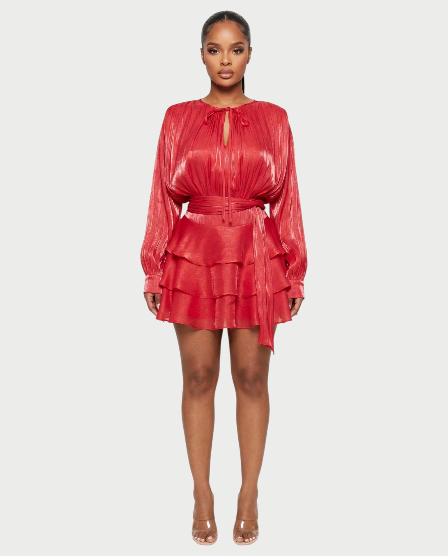 CALIMA Tie-Neck Ruffle Waist Mini Dress