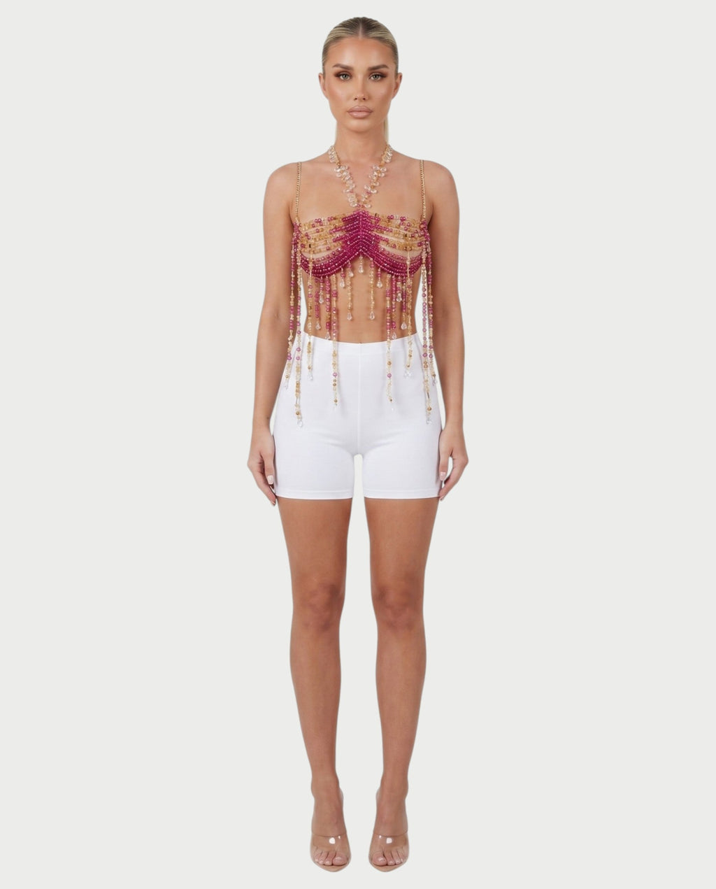 LUYANA Crystal Bead Tassel Chain Bralette Top