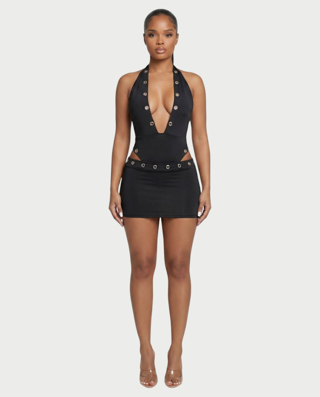 ELARIA Halter Plunge Bodysuit & Mini Skirt Set
