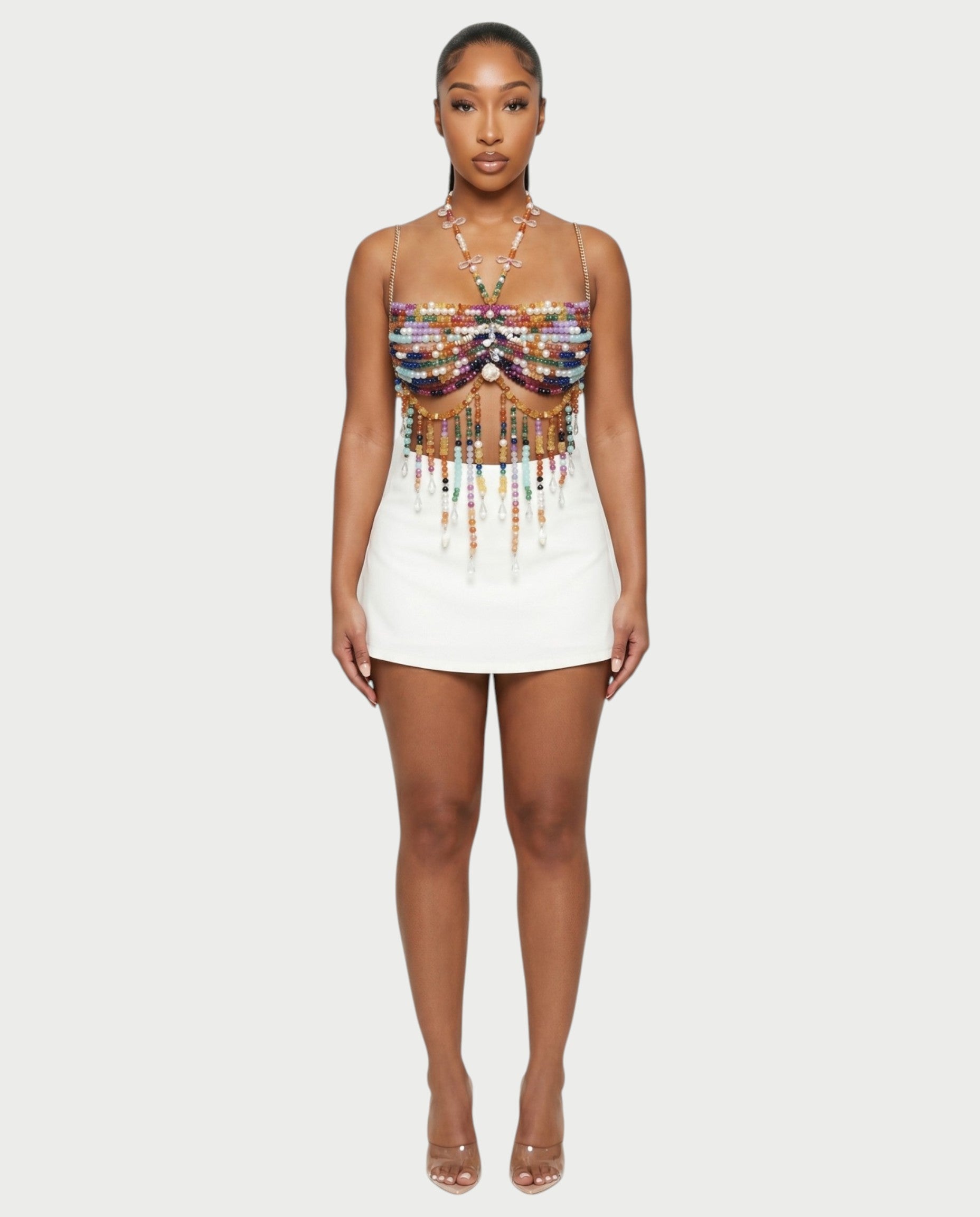 FAVINA Beaded Fringe Chain Strap Bralette Top