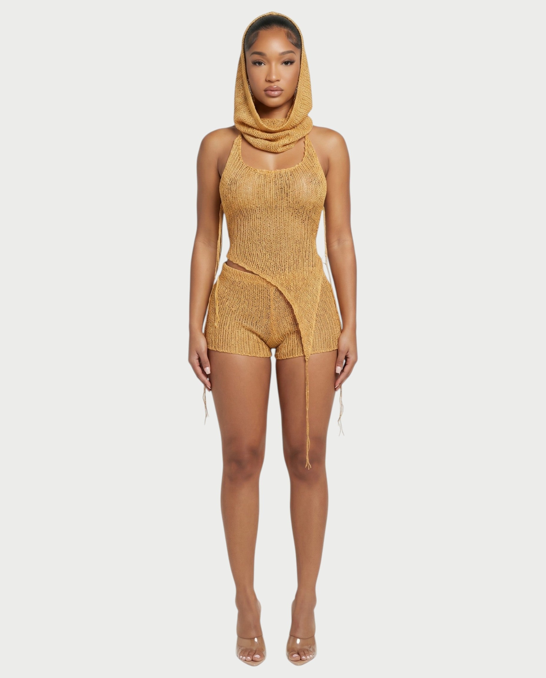 ZELISSE 3-Piece Halter Top, Shorts & Hooded Scarf Set