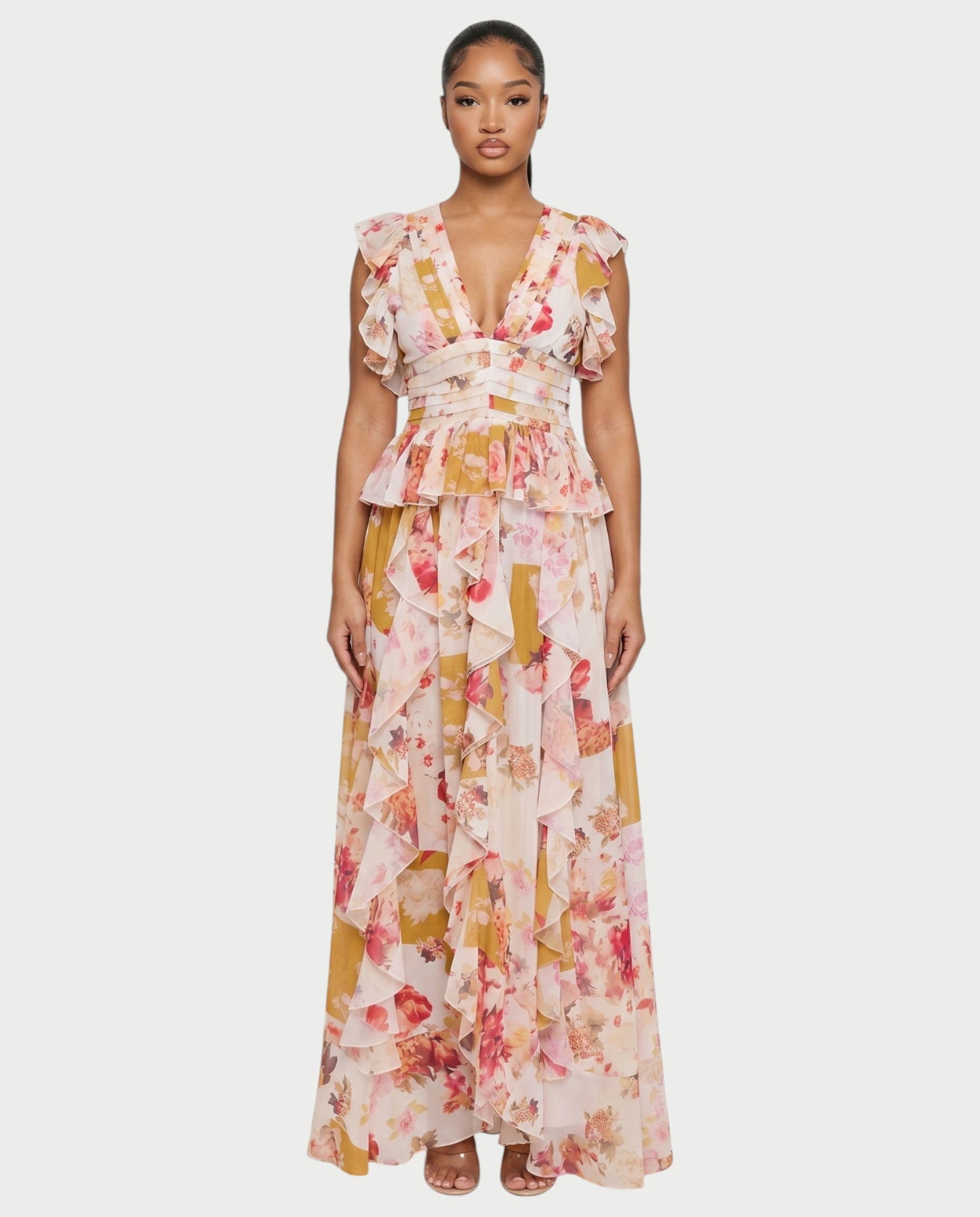 LUVIANA Floral Ruffle Deep V-Neck Flowy Maxi Dress