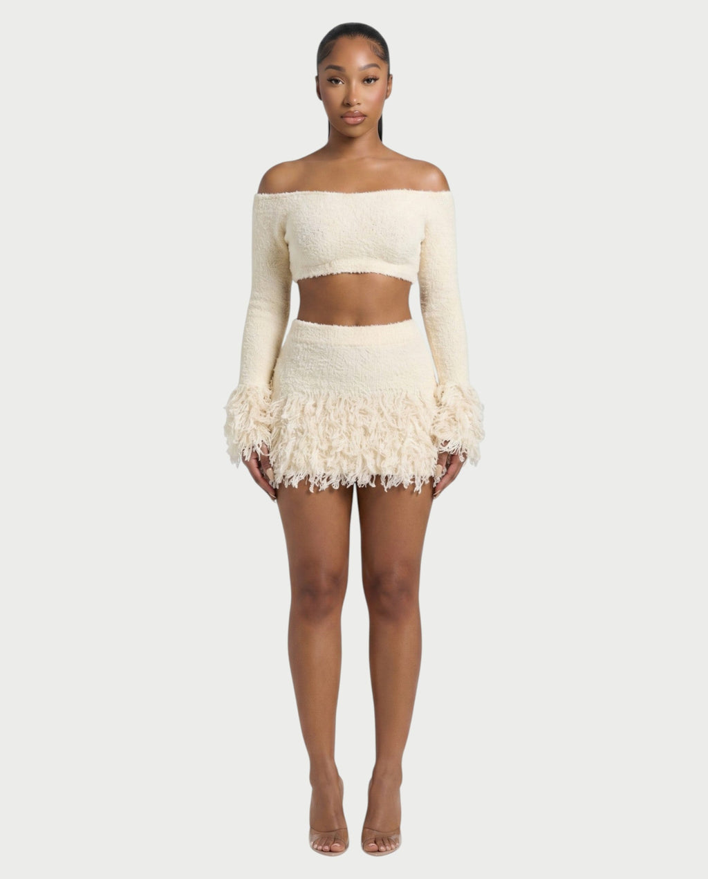 CAELINA Knit Crop Top & Fringe Mini Skirt Set